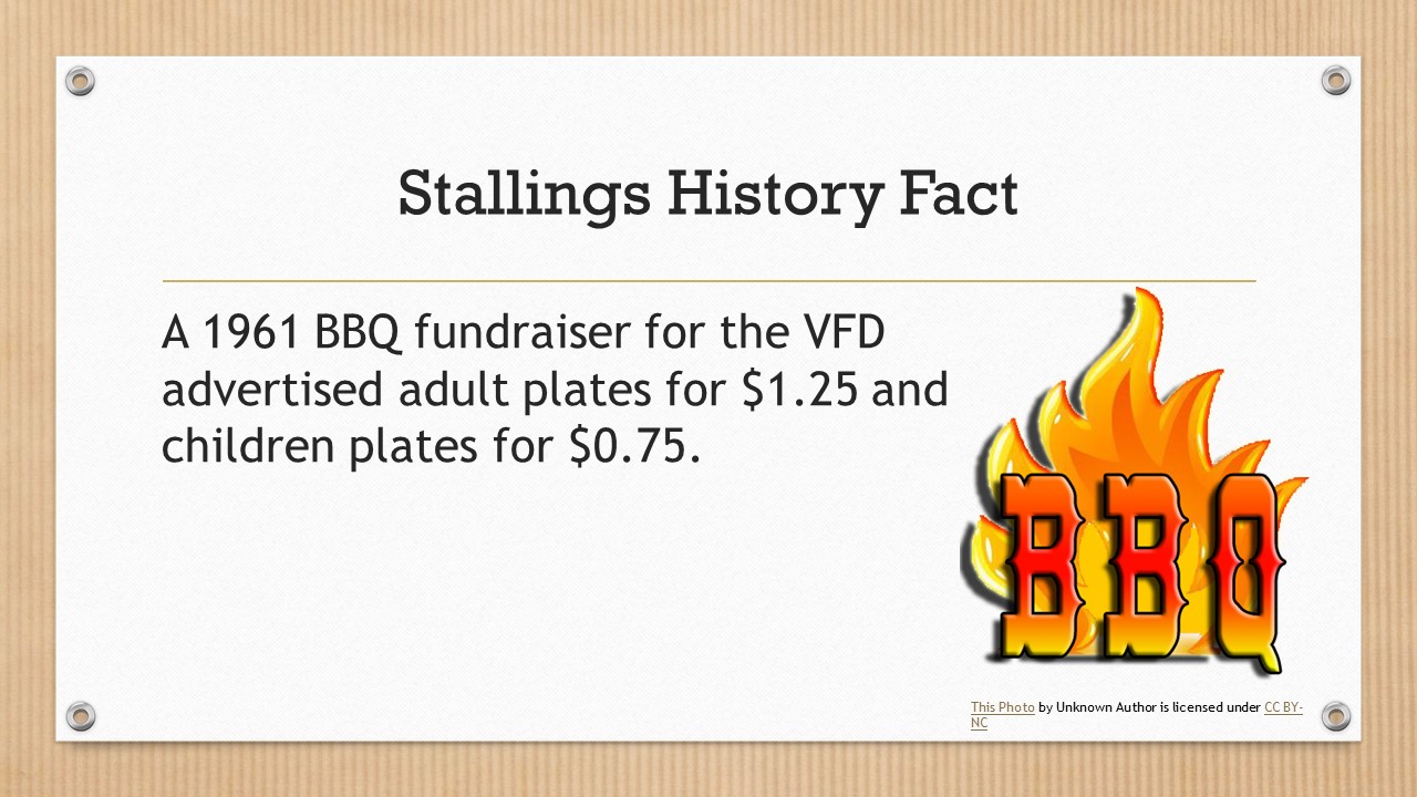A 1961 BBQ fundraiser for the Volunteer Fire Department advertised adult plates for $1.25 and children's plates for $0.75
